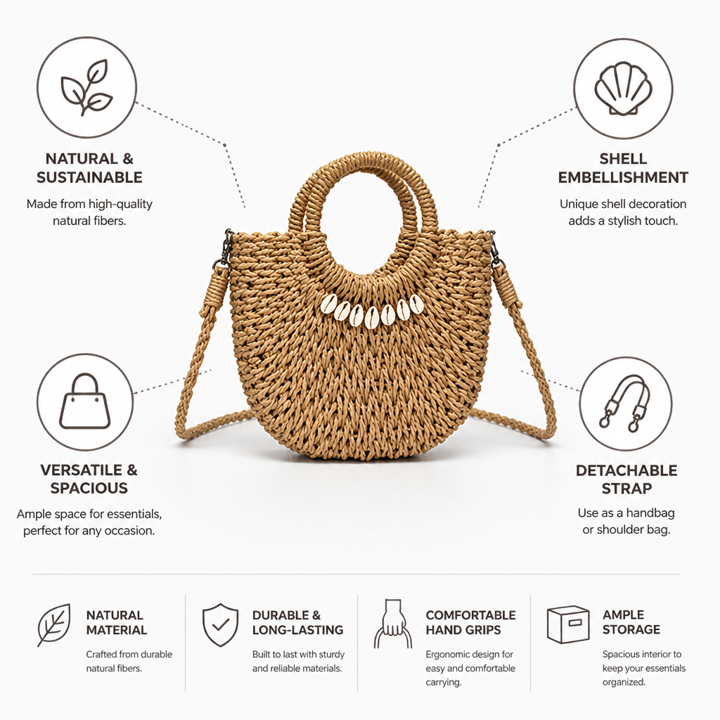 Natural Fiber Shell-Embellished Handbag (Detachable Strap)
