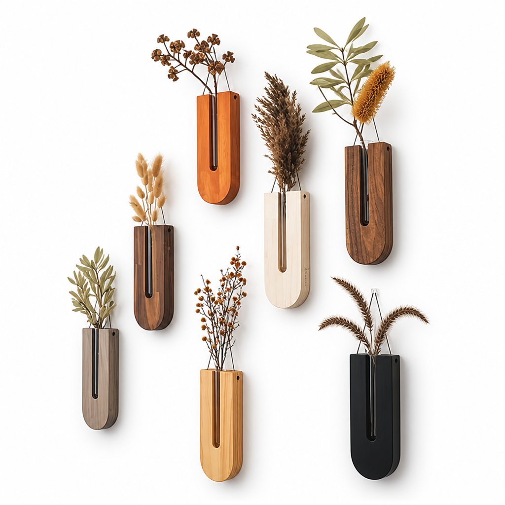 Natural Pine & Glass-Tube Wall Vases (Set of 7)