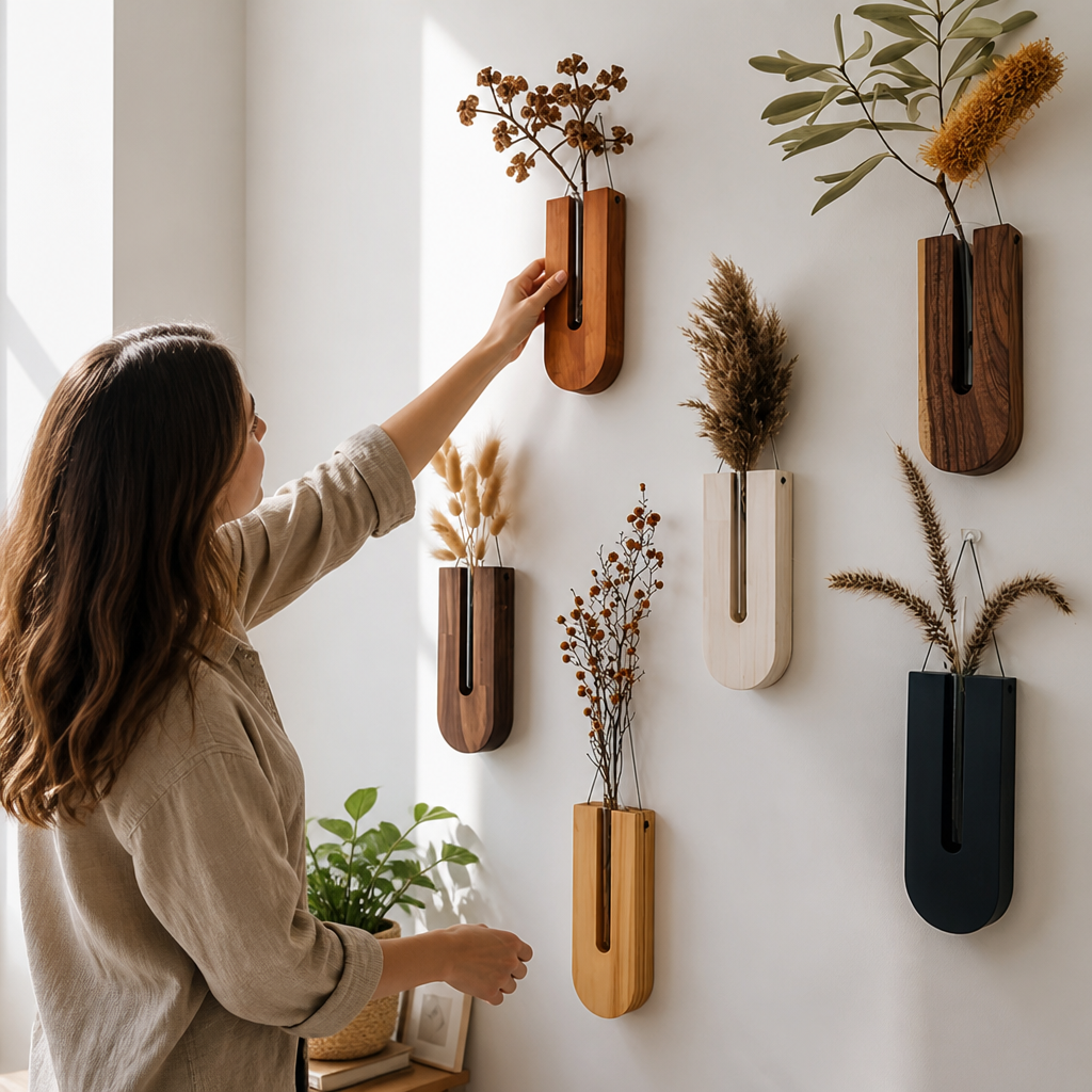 Natural Pine & Glass-Tube Wall Vases (Set of 7)