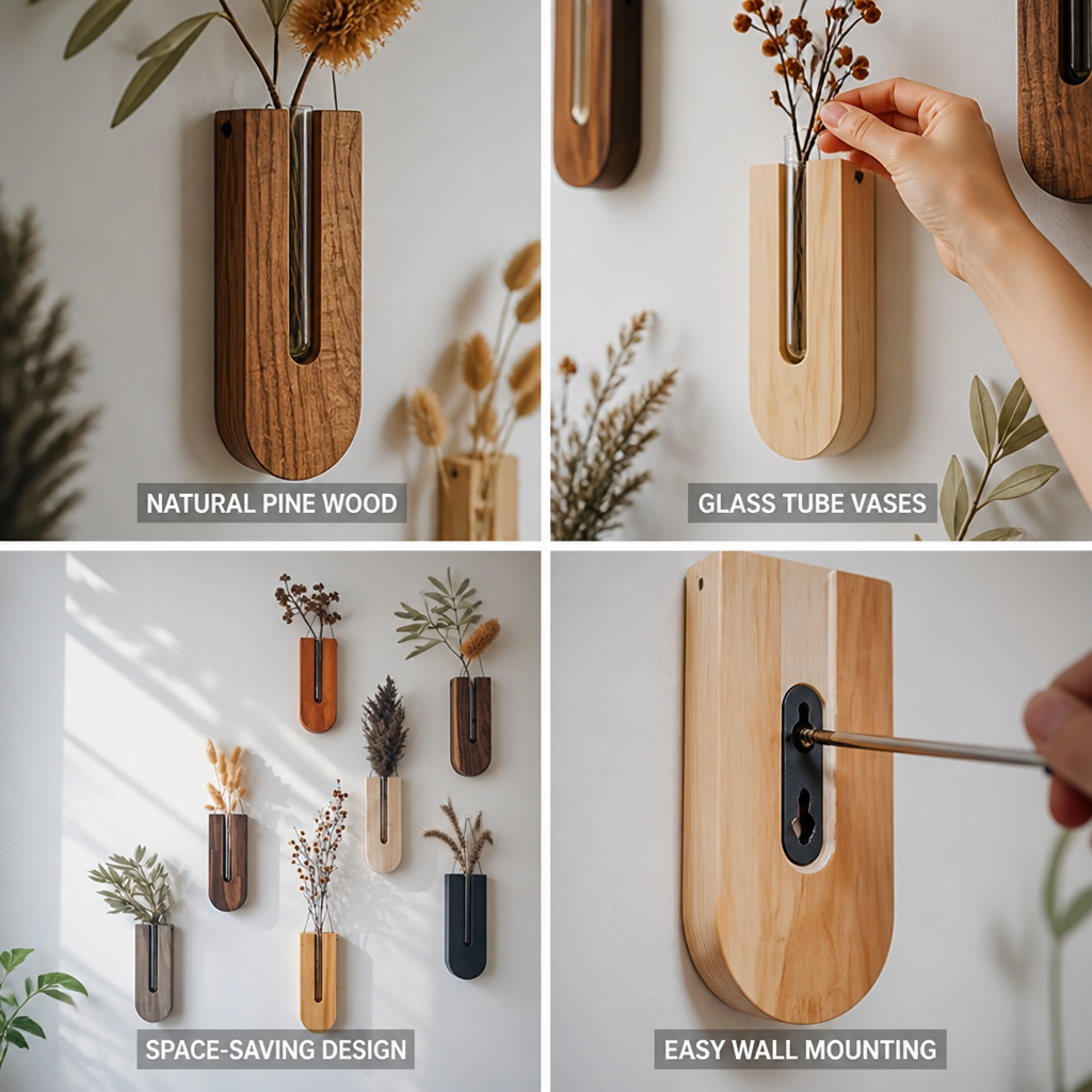 Natural Pine & Glass-Tube Wall Vases (Set of 7)