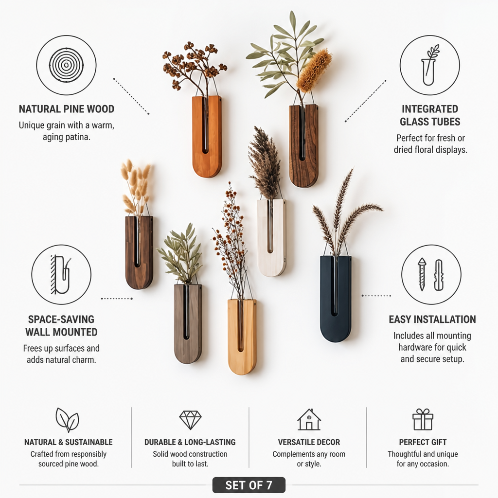 Natural Pine & Glass-Tube Wall Vases (Set of 7)