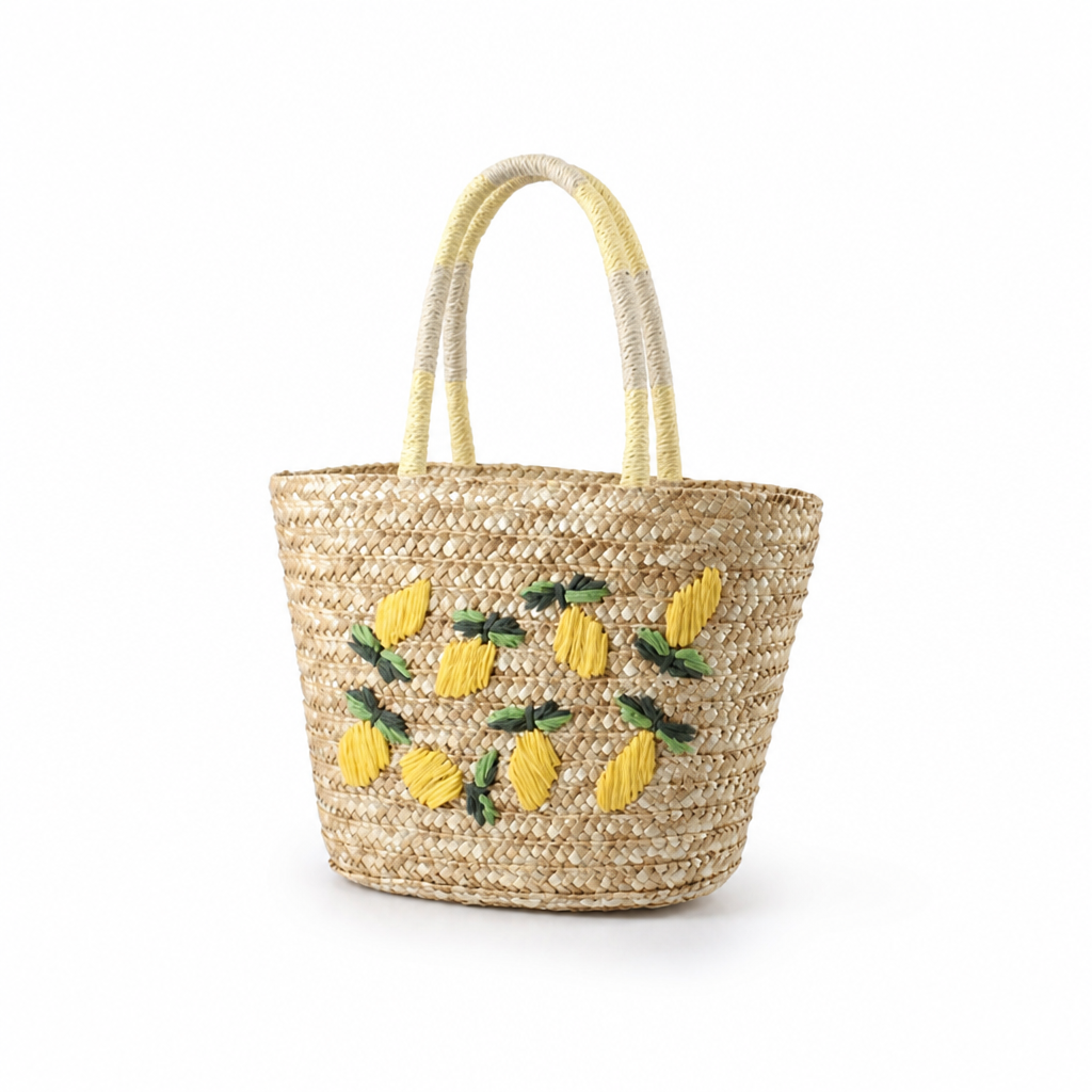 Natural Raffia Hand-Embroidered Lemon Tote Bag