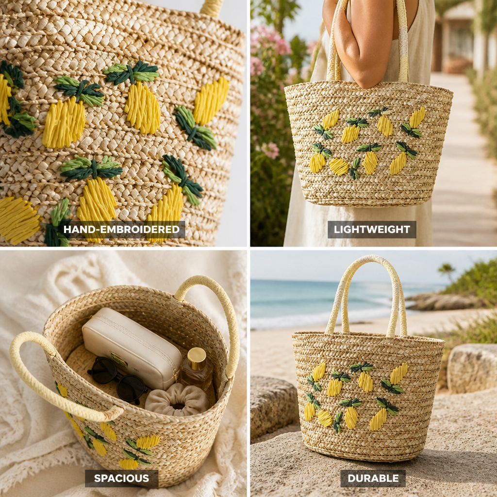 Natural Raffia Hand-Embroidered Lemon Tote Bag