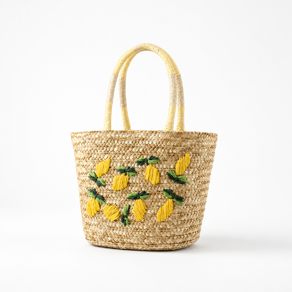 Natural Raffia Hand-Embroidered Lemon Tote Bag
