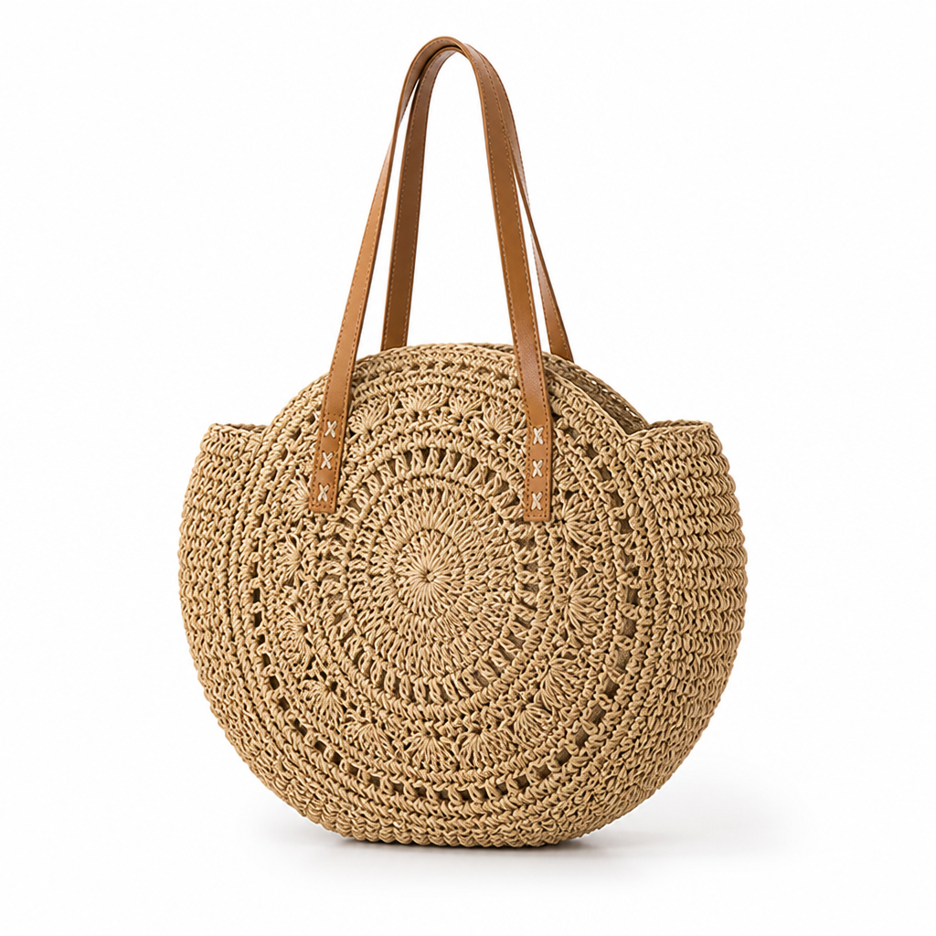 Natural Raffia Leather-Handled Round Basket Bag