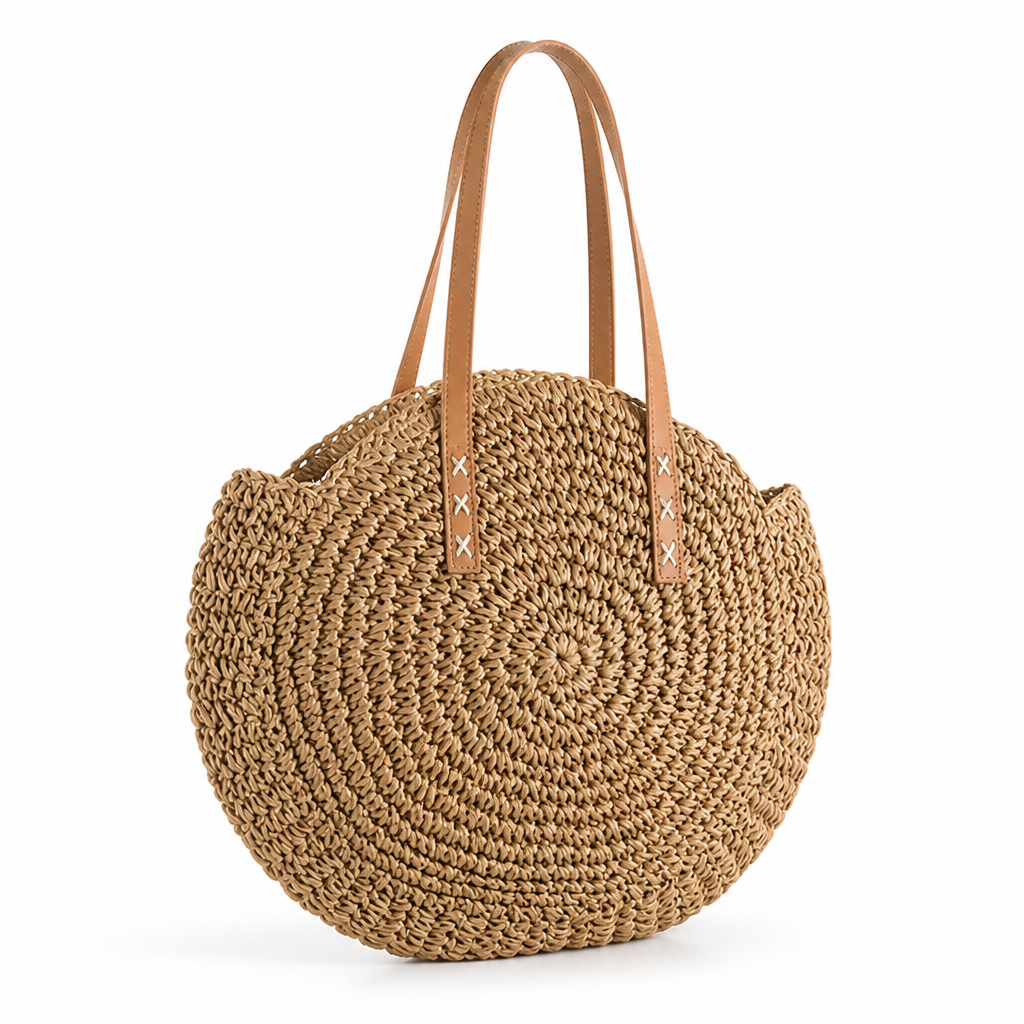 Natural Raffia Leather-Handled Round Basket Bag