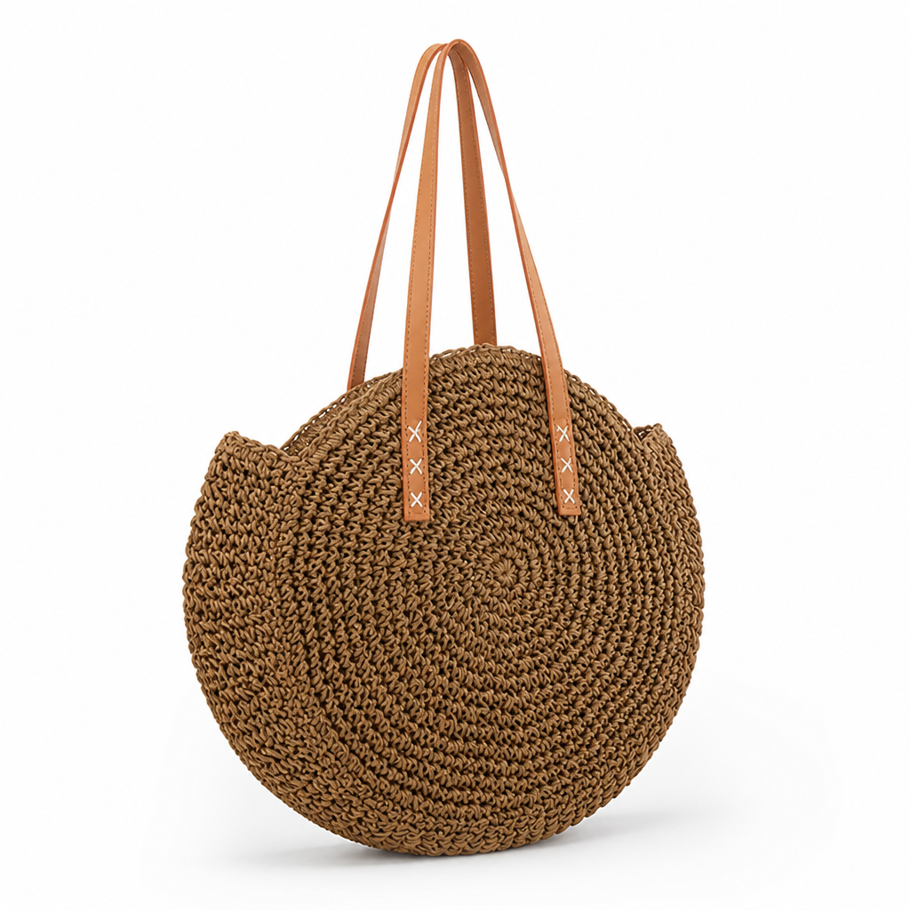 Natural Raffia Leather-Handled Round Basket Bag