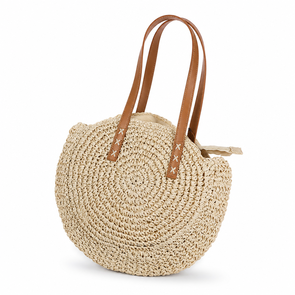 Natural Raffia Leather-Handled Round Basket Bag