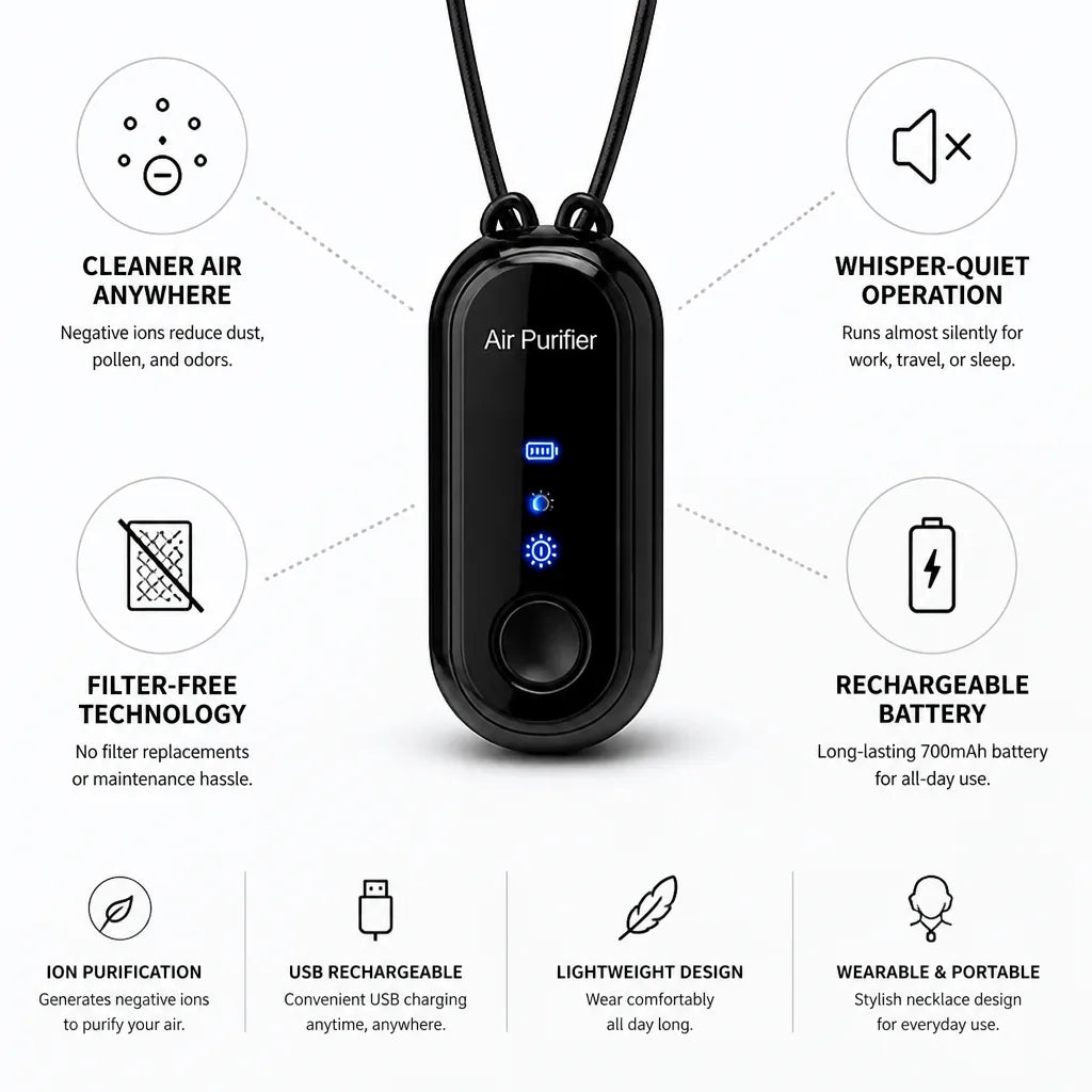 Neck Air Purifier Filter-Free Ion Rechargeable & Whisper-Quiet