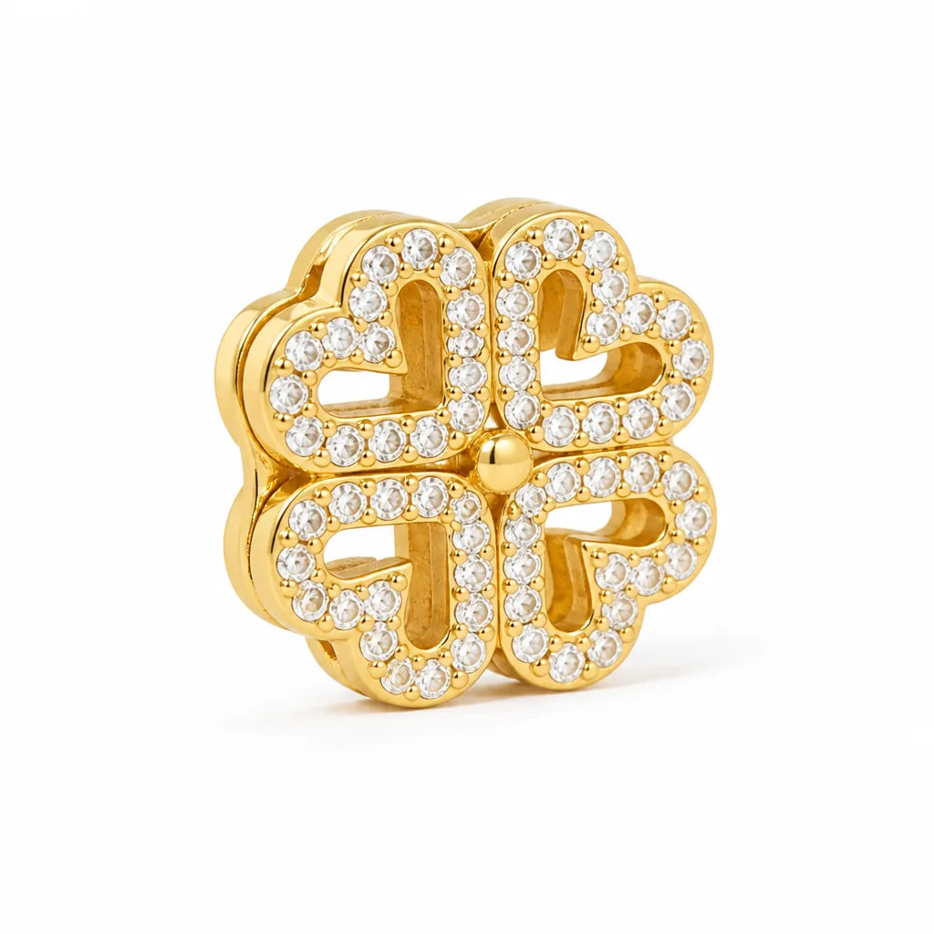 Necklace Magnetic Convertible Clover-Heart Gold-Plated Stainless Steel & Zirconia