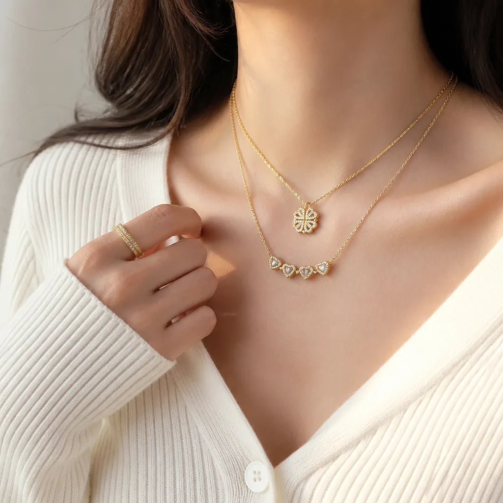 Necklace Magnetic Convertible Clover-Heart Gold-Plated Stainless Steel & Zirconia