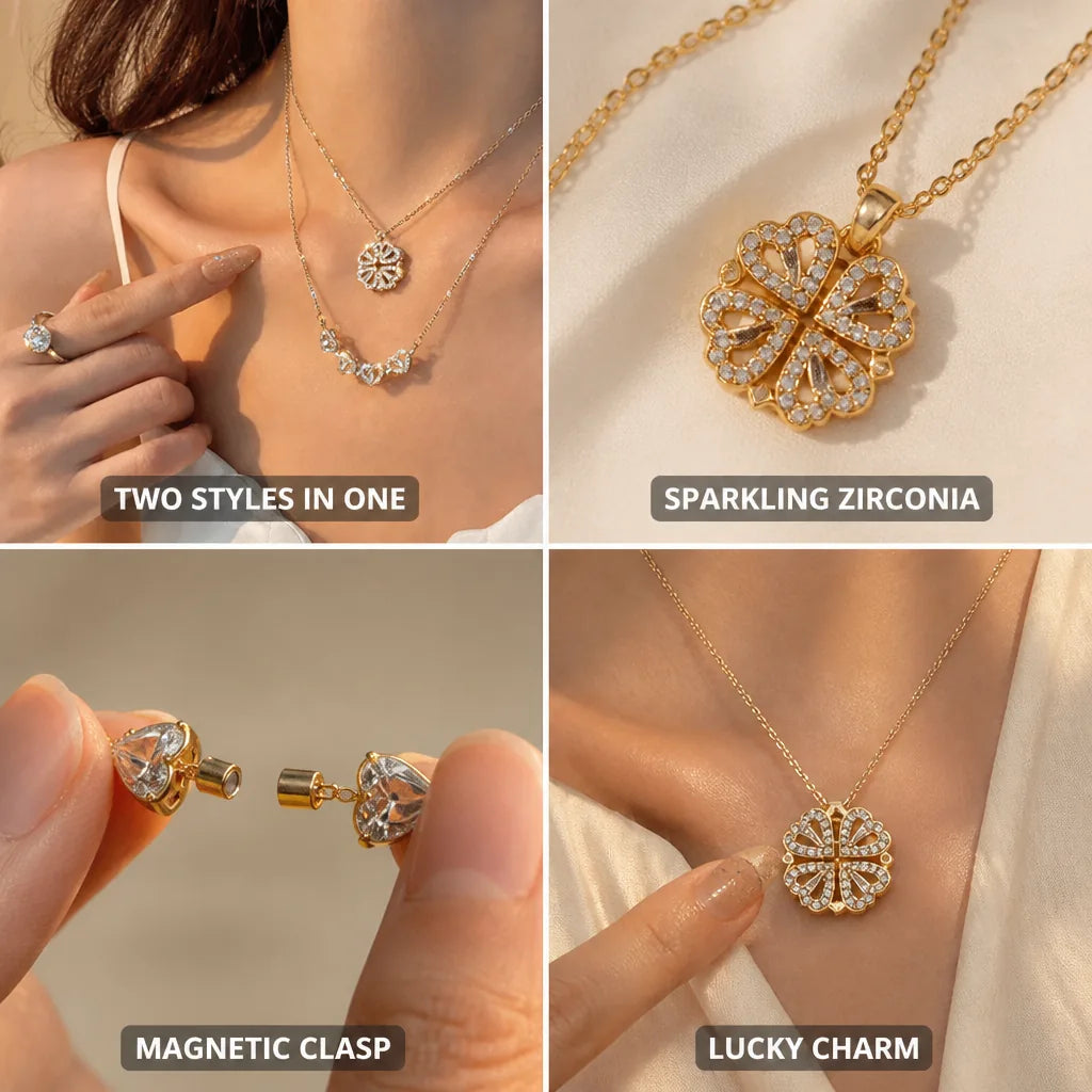 Necklace Magnetic Convertible Clover-Heart Gold-Plated Stainless Steel & Zirconia