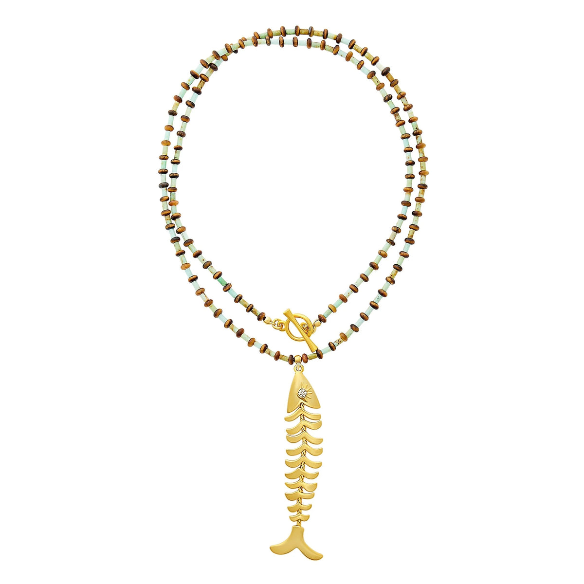 Necklace Opal & Tiger’s Eye Beads Gold-Plated Fish Pendant