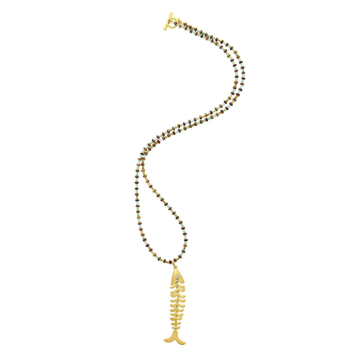 Necklace Opal & Tiger’s Eye Beads Gold-Plated Fish Pendant