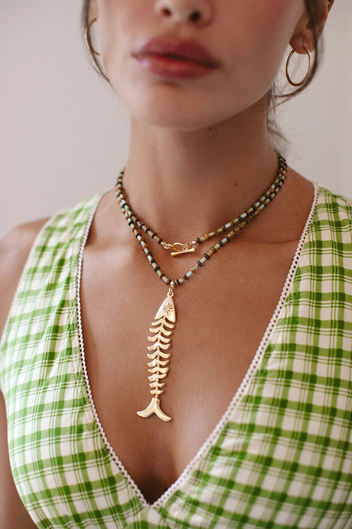 Necklace Opal & Tiger’s Eye Beads Gold-Plated Fish Pendant