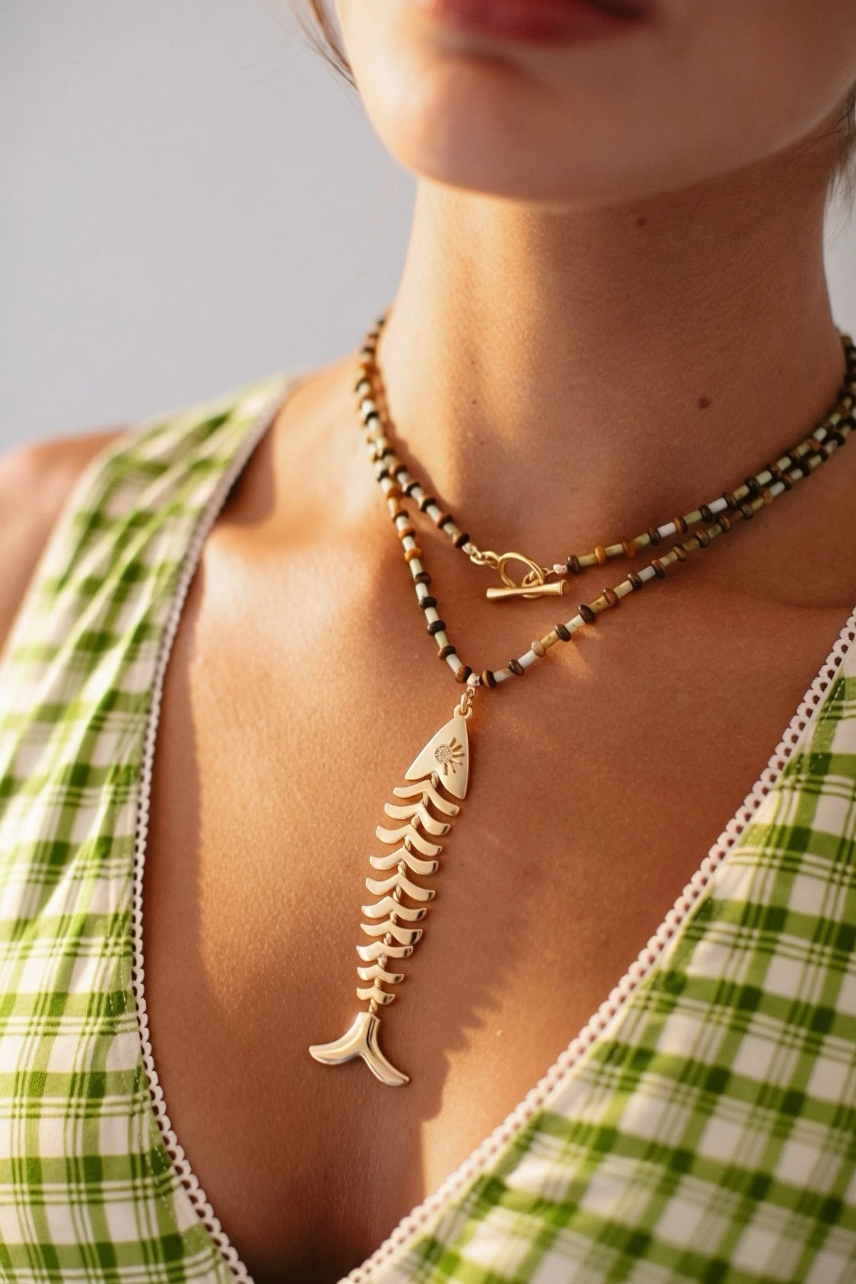 Necklace Opal & Tiger’s Eye Beads Gold-Plated Fish Pendant