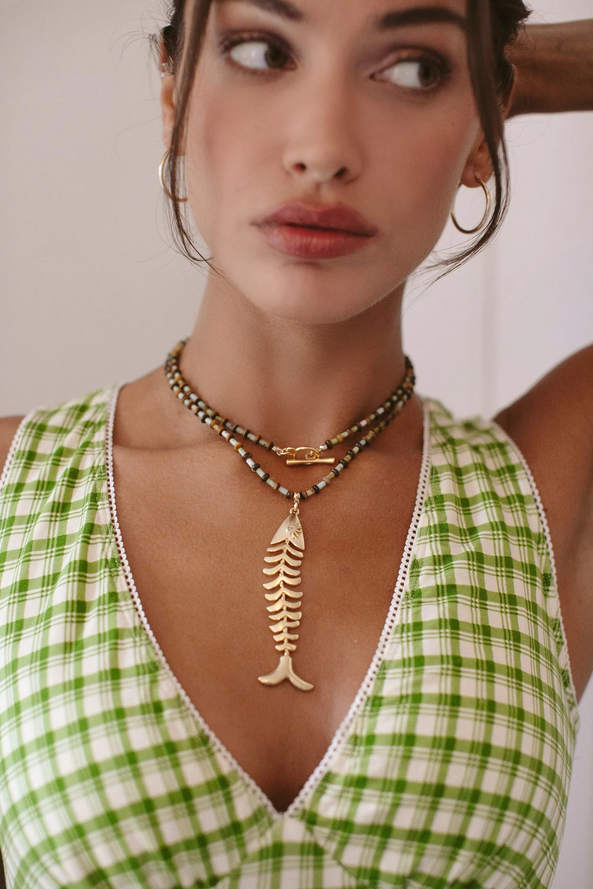 Necklace Opal & Tiger’s Eye Beads Gold-Plated Fish Pendant