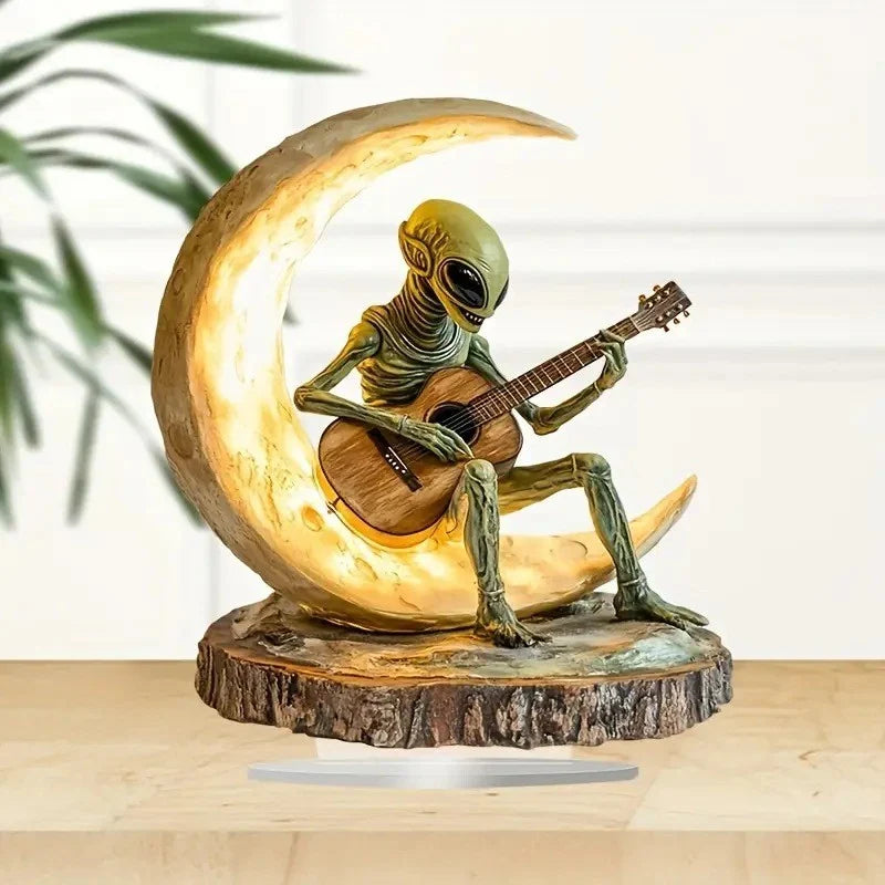 Night Light Alien Guitar Design Warm Glow Wooden Base