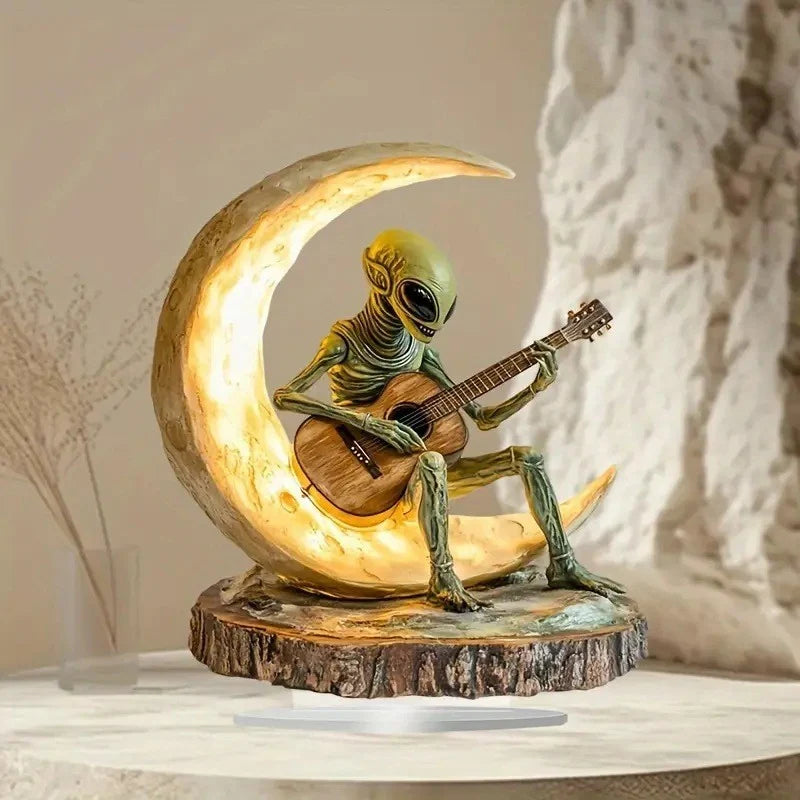 Night Light Alien Guitar Design Warm Glow Wooden Base
