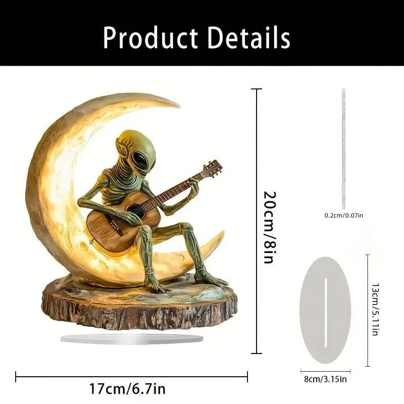 Night Light Alien Guitar Design Warm Glow Wooden Base