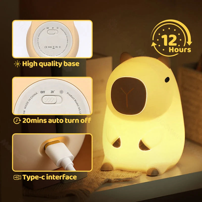 Night Light Capybara Silicone Warm Glow USB-C Rechargeable
