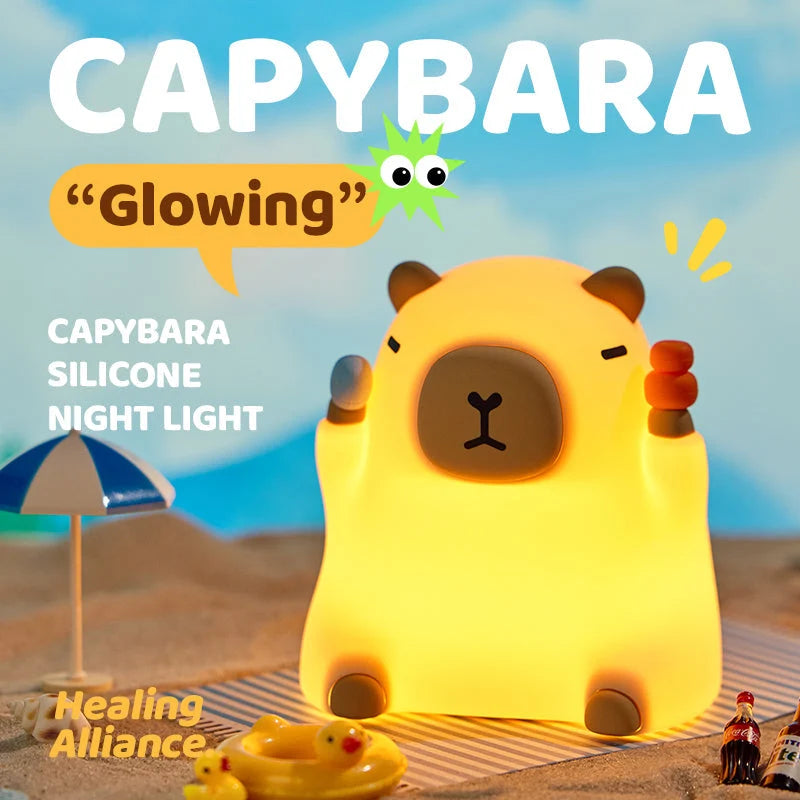 Night Light Silicone Capybara Design Warm Yellow Glow Squeezable Exterior