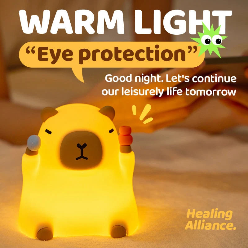 Night Light Silicone Capybara Design Warm Yellow Glow Squeezable Exterior