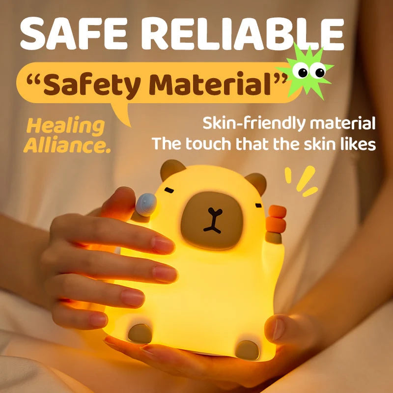 Night Light Silicone Capybara Design Warm Yellow Glow Squeezable Exterior