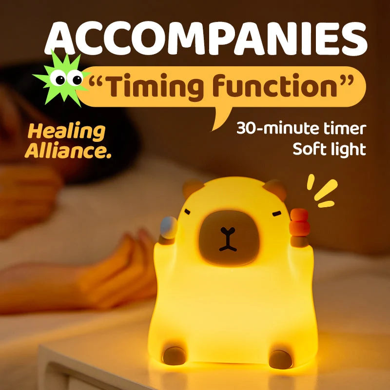 Night Light Silicone Capybara Design Warm Yellow Glow Squeezable Exterior