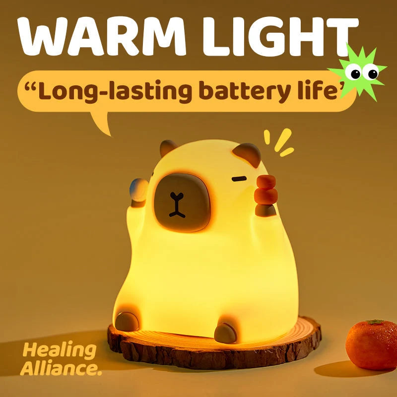 Night Light Silicone Capybara Design Warm Yellow Glow Squeezable Exterior