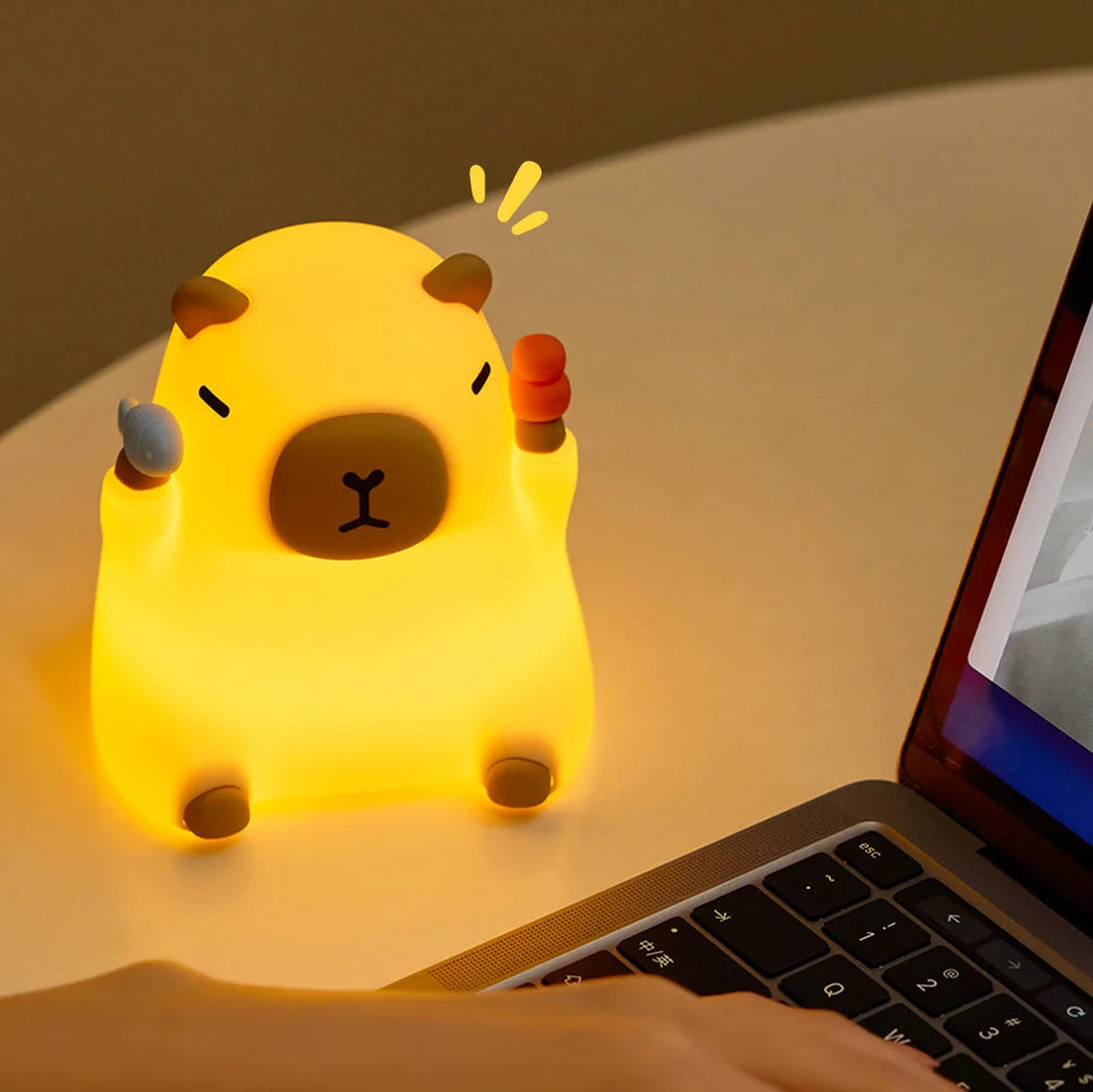Night Light Silicone Capybara Design Warm Yellow Glow Squeezable Exterior
