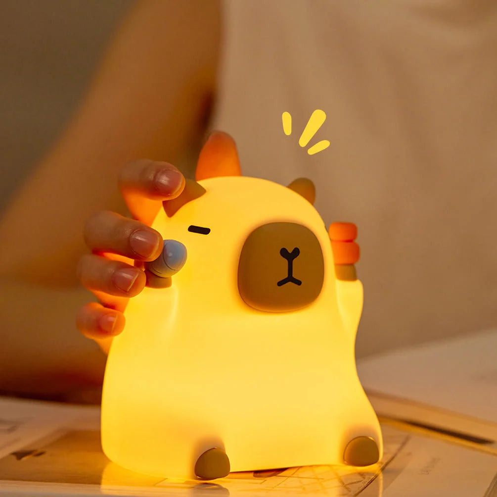 Night Light Silicone Capybara Design Warm Yellow Glow Squeezable Exterior
