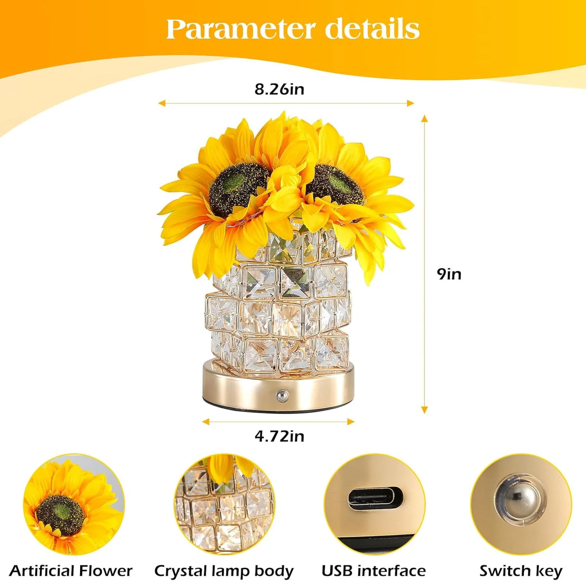 Night Light Sunflower Touch Control Adjustable Brightness Rechargeable