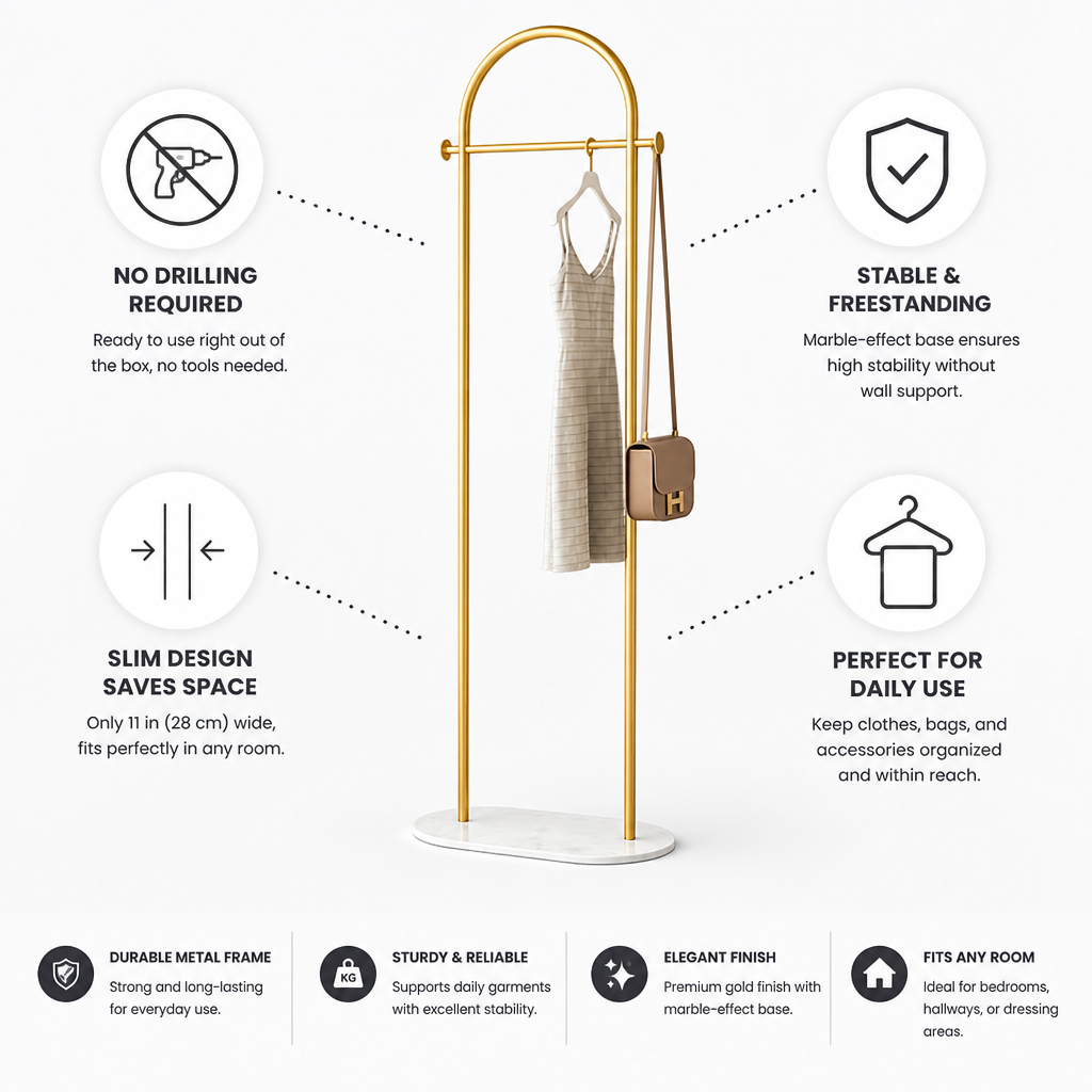 No-Drill Marble-Effect Freestanding Clothes Rack
