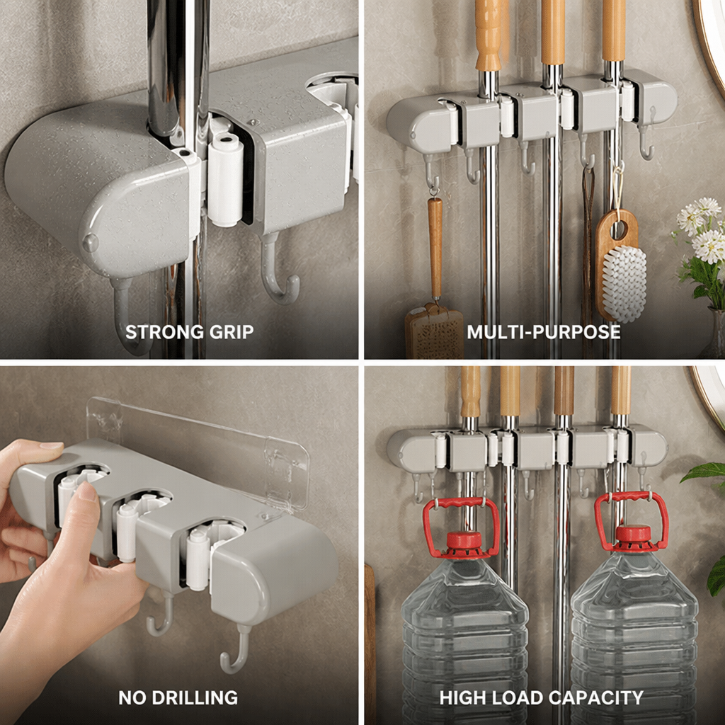 No-Drill Silicone Grip Mop & Broom Holder
