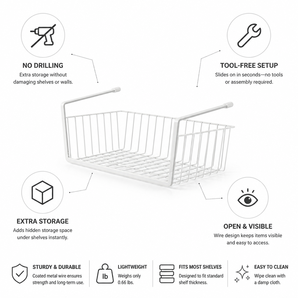 No-Drill Slide-On Coated Metal Under-Shelf Basket
