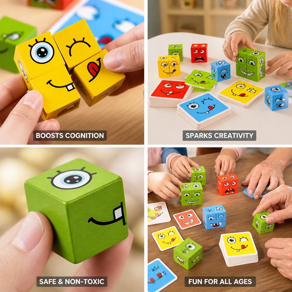 Non-Toxic Wood 3D Face Puzzle (16 Blocks & 64 Cards)