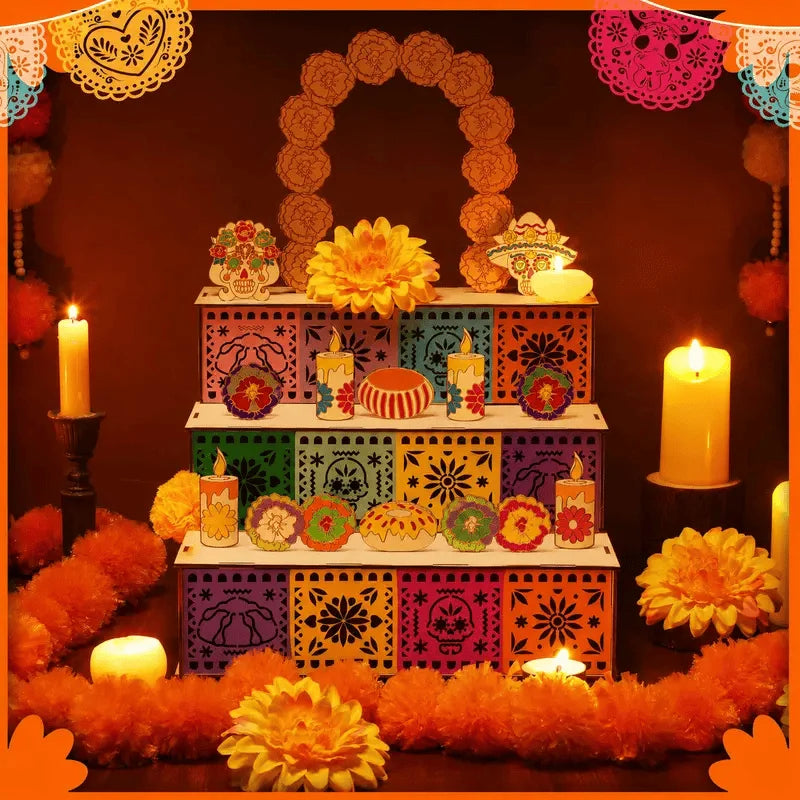 Ofrenda Altar Display Wooden Three-Tier Tabletop