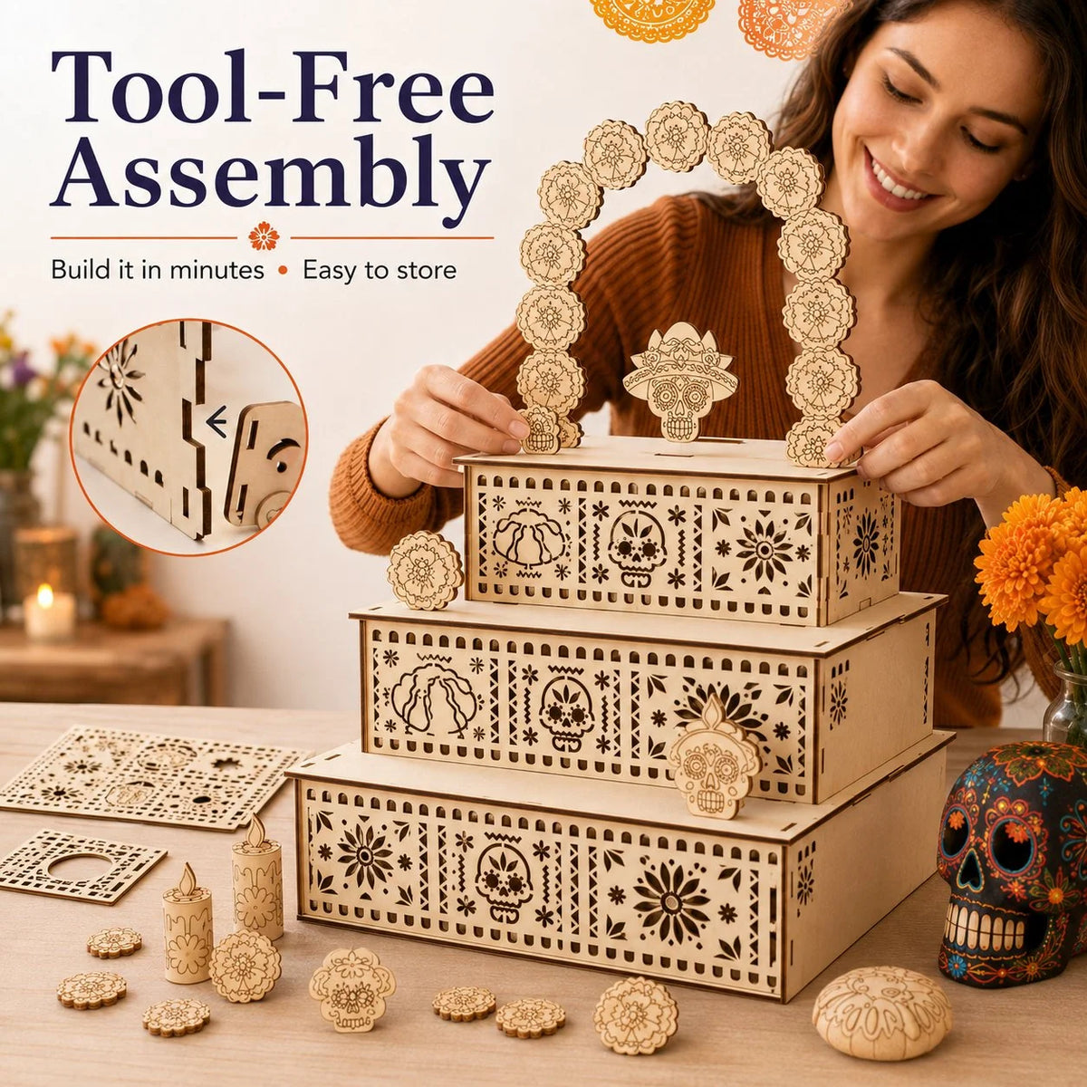 Ofrenda Altar Display Wooden Three-Tier Tabletop