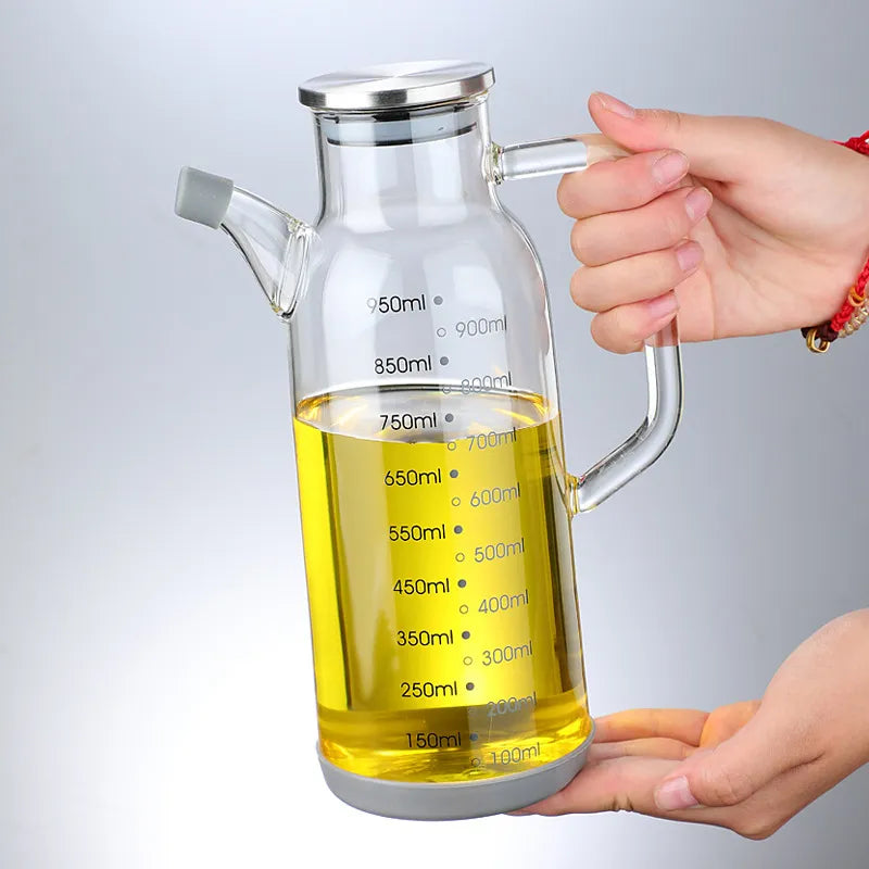 Oil Dispenser Bottle Glass Built-In Measuring Scale Secure Lid