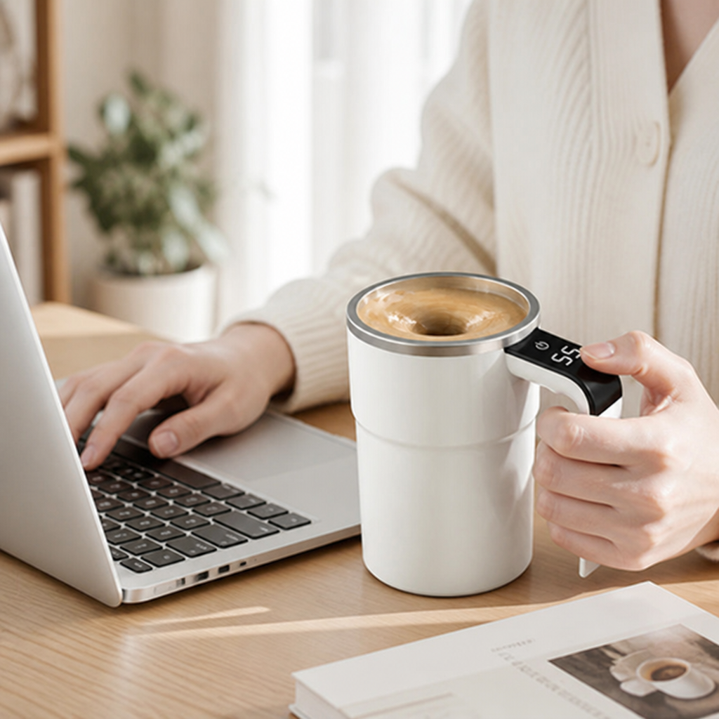One-Button Temperature-Display Self-Stirring Mug