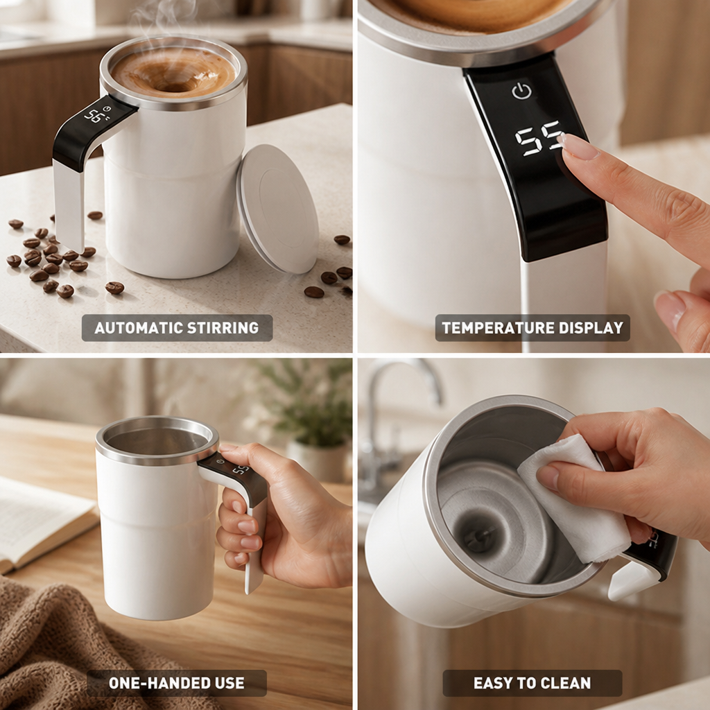 One-Button Temperature-Display Self-Stirring Mug