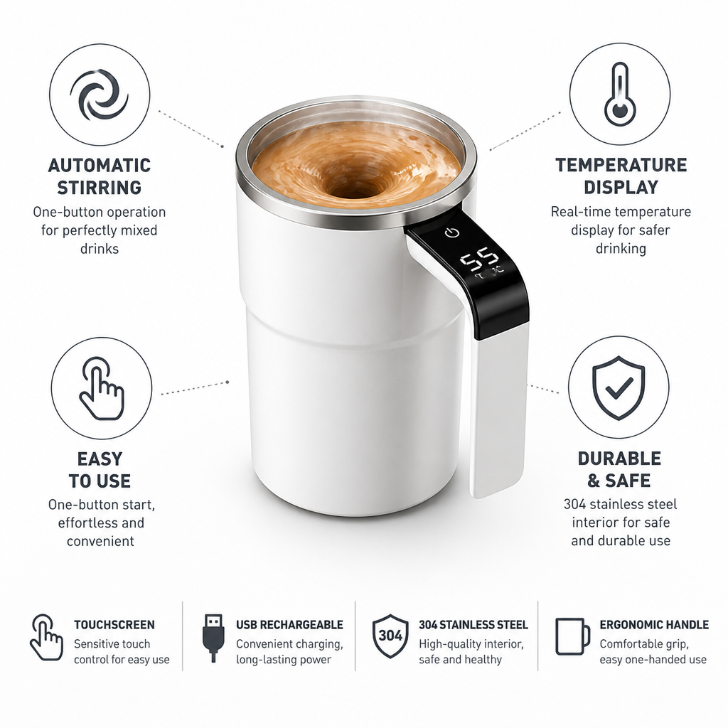 One-Button Temperature-Display Self-Stirring Mug