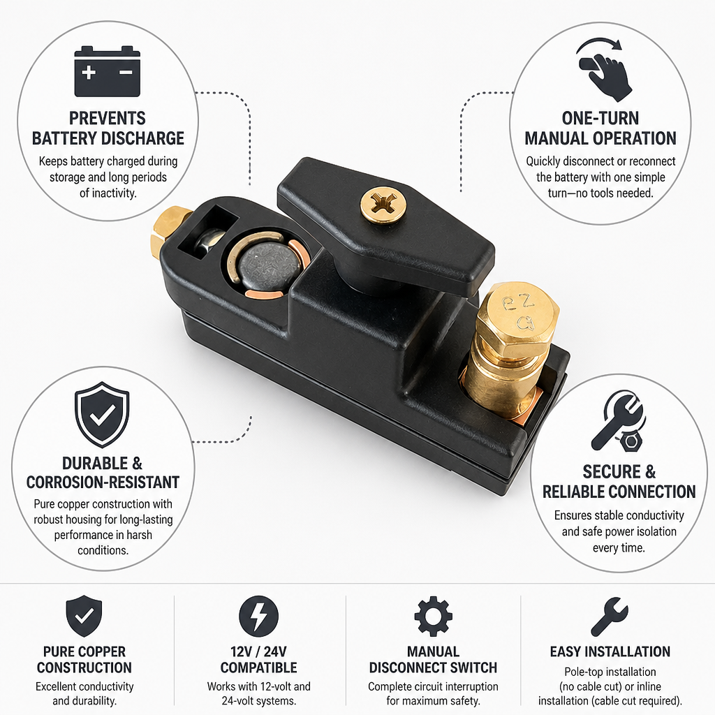 One-Turn Pure Copper Battery Disconnect Switch (12V/24V)
