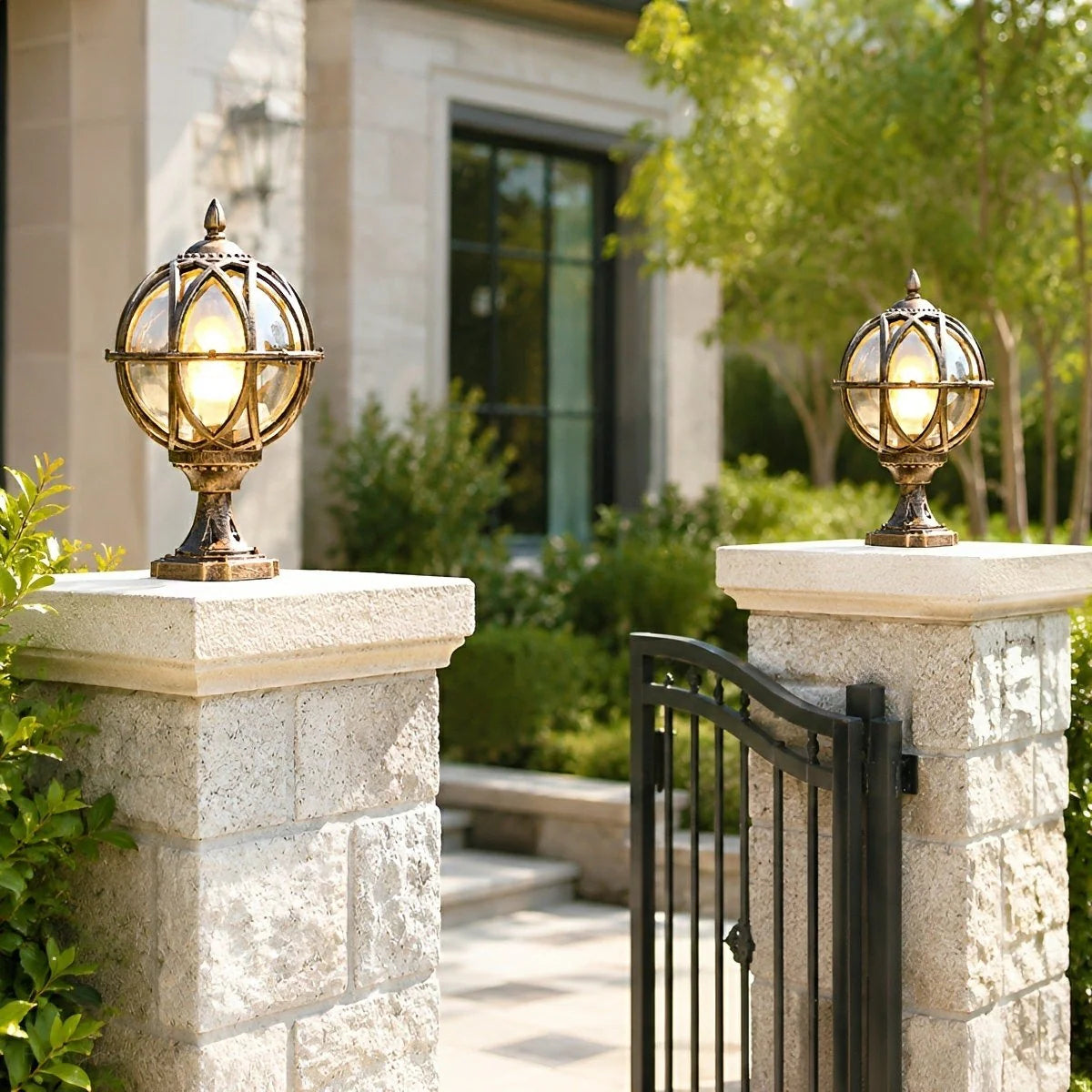 Outdoor Post Light Weather-Resistant Glass Globe Hardwired E27 Socket