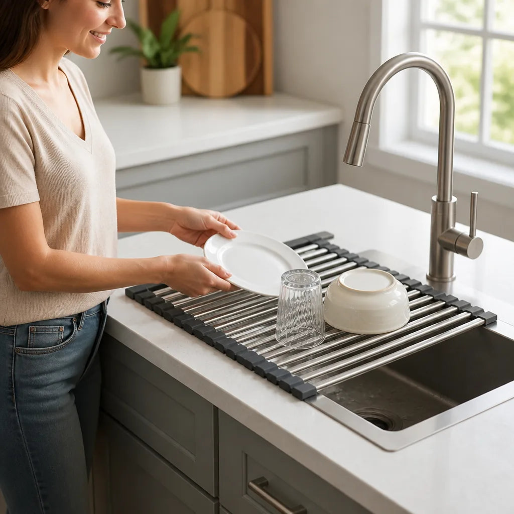 Over-Sink Drain Rack Heat-Resistant Stainless Steel & Non-Slip Corners