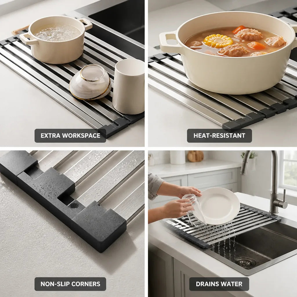 Over-Sink Drain Rack Heat-Resistant Stainless Steel & Non-Slip Corners