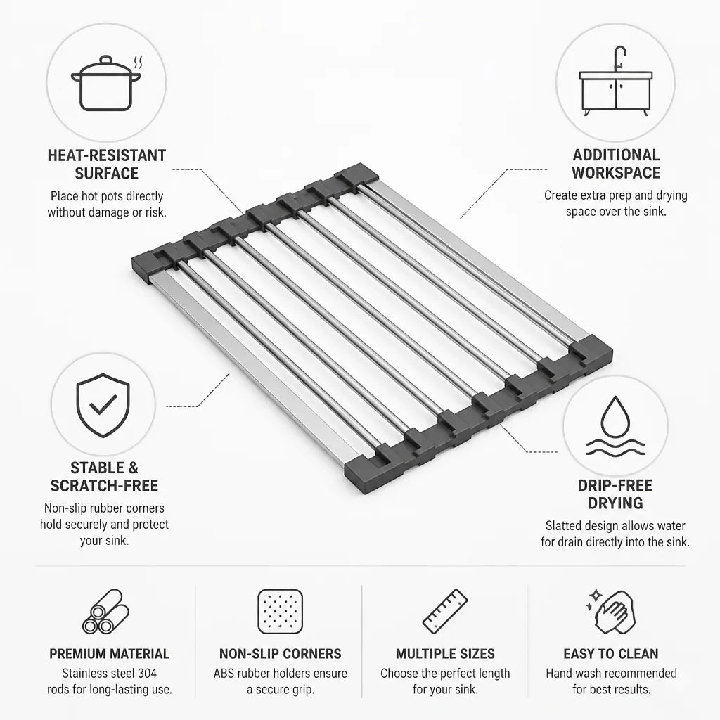 Over-Sink Drain Rack Heat-Resistant Stainless Steel & Non-Slip Corners