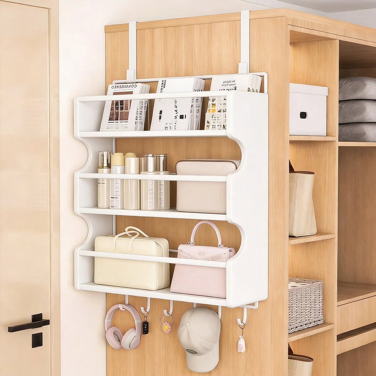Over-the-Door Storage Organizer Four-Tier Mesh Baskets With Hooks