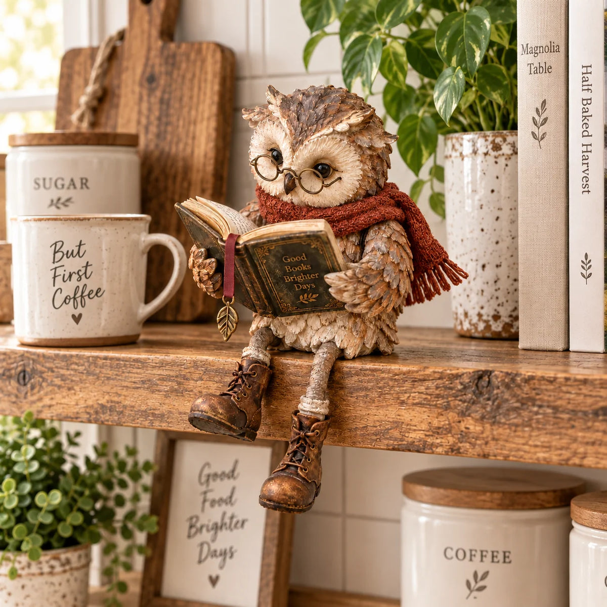 Owl Figurine Reading Design Glasses & Open Book Cozy Decor
